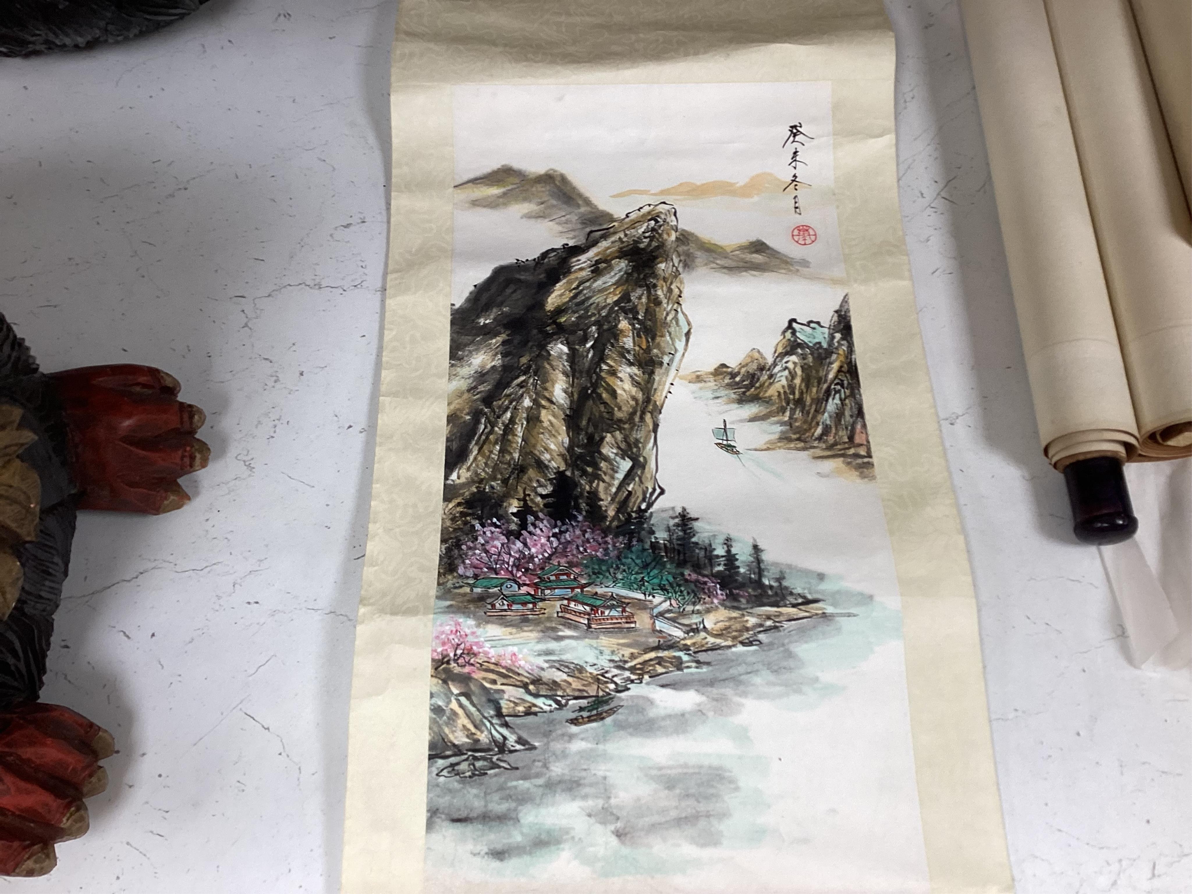 Four Japanese paintings on silk, and two woodblock prints, one after Shinsai, largest 30x25cm